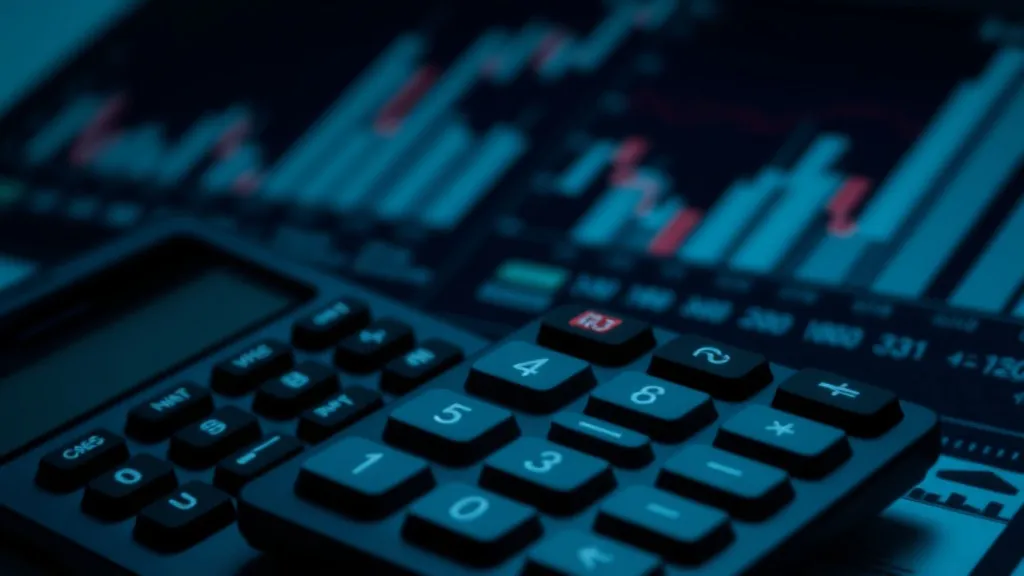 A close up of a calculator and financial charts with a dark