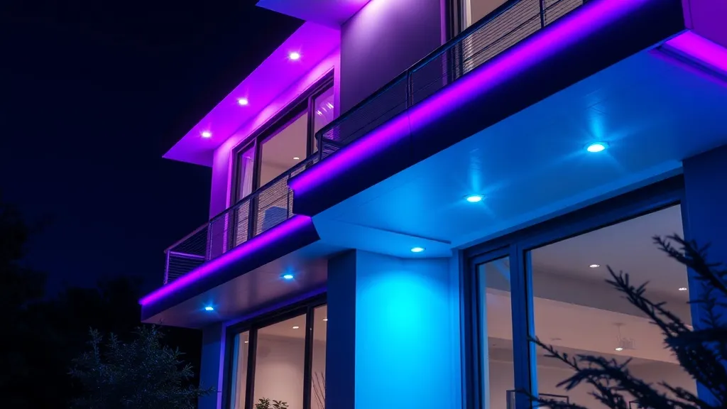 Modern architectural detail of a house exterior at night wit