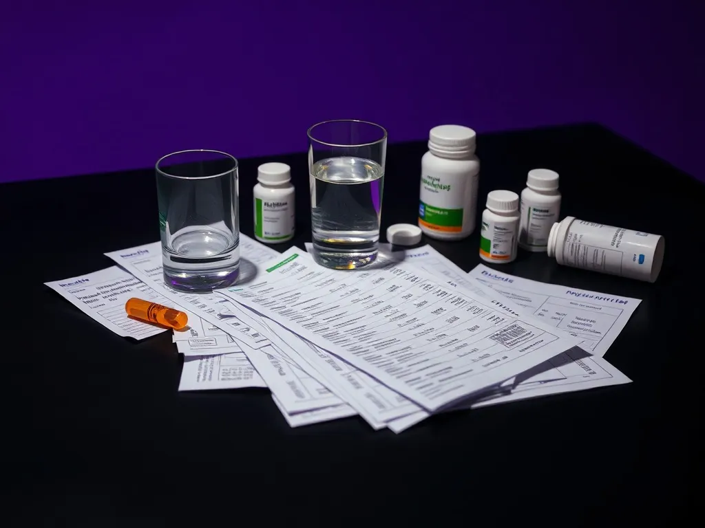 A glass of water, some medicine bottles, and a pile of organ
