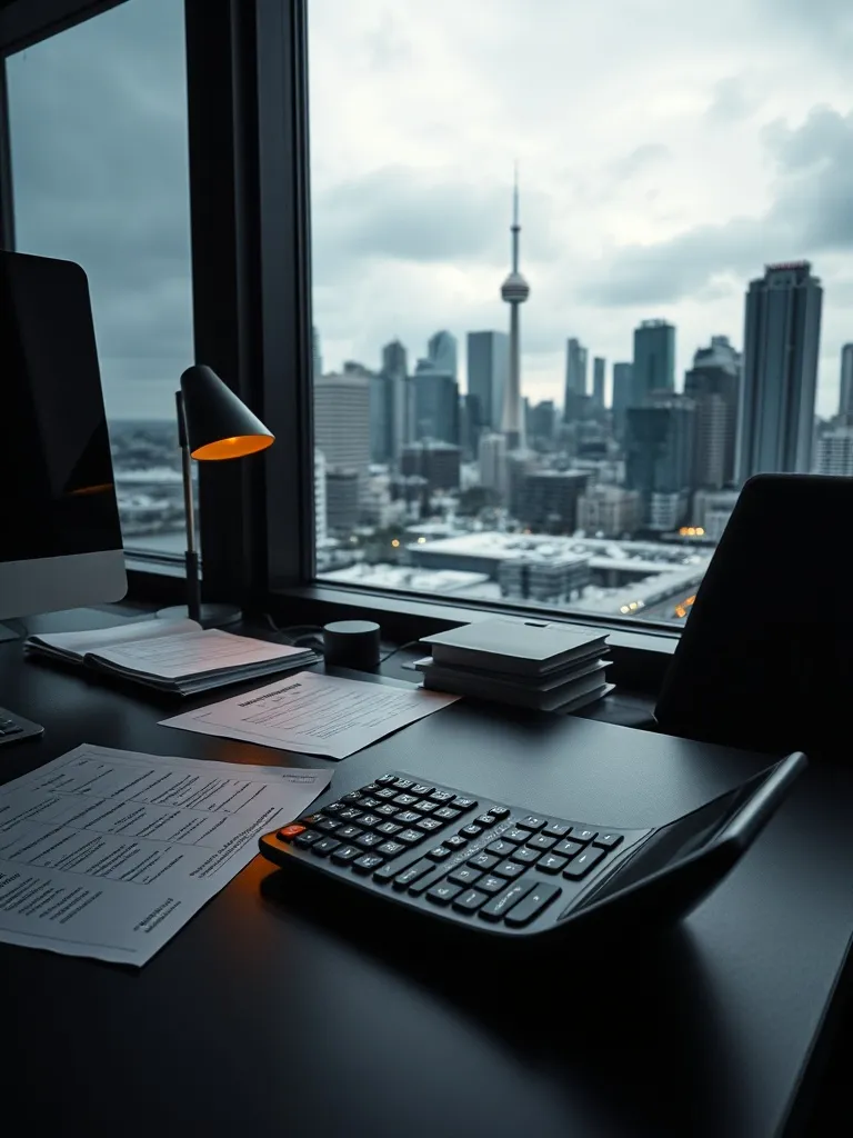 A modern dark office desk in Toronto with a calculator, some