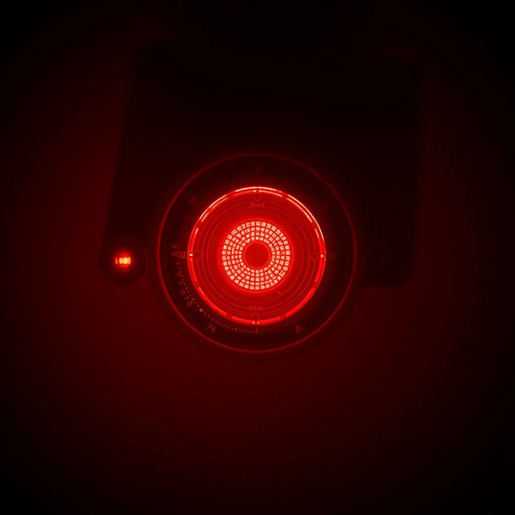 A red warning light on a dark technical background, high con