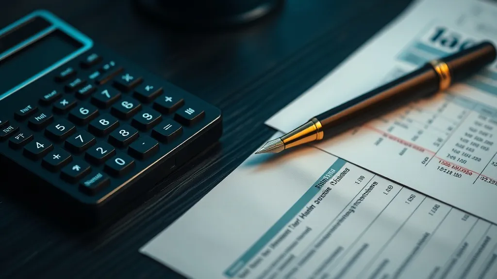 A close-up of a modern calculator, a fountain pen, and some
