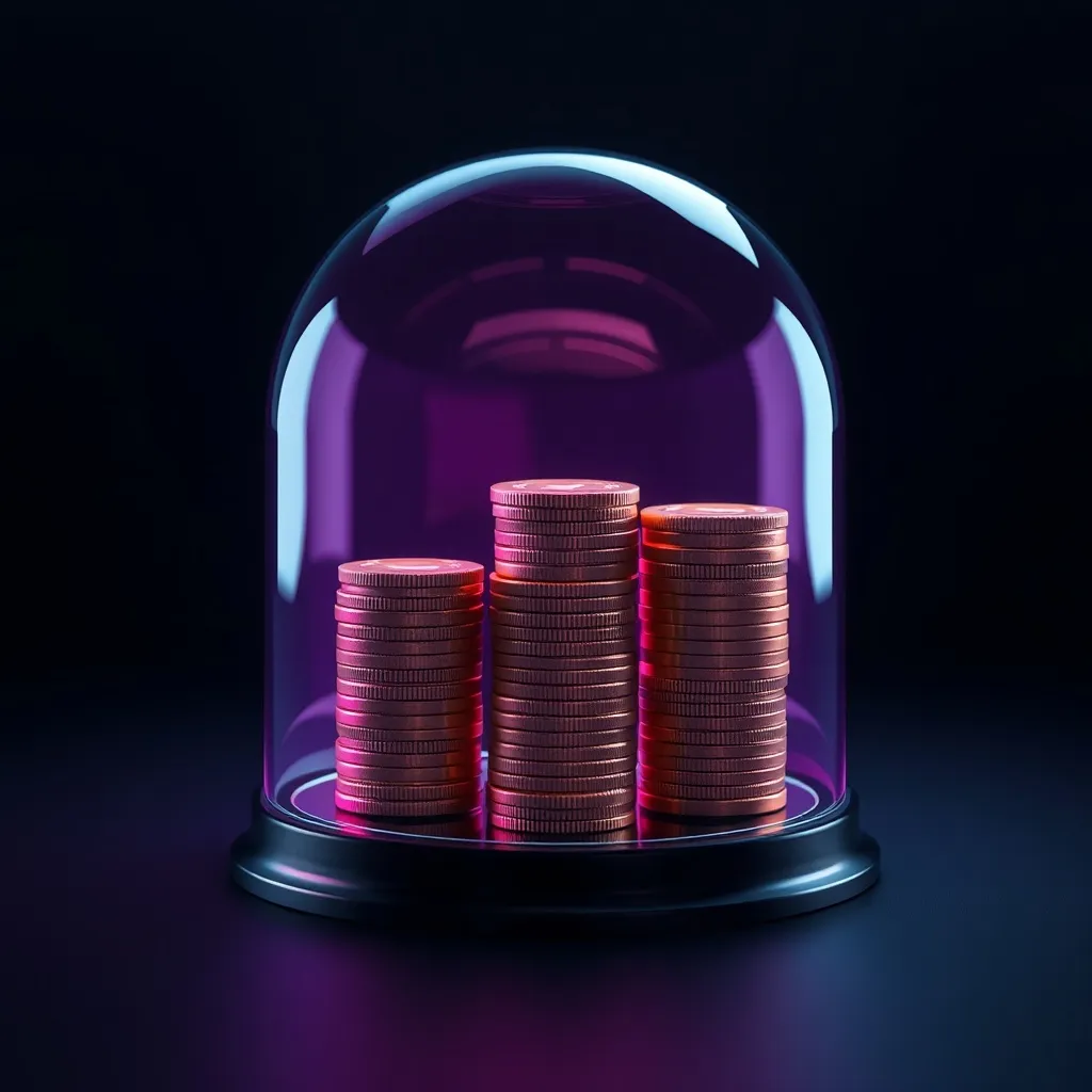 An abstract visualization of growing stacks of coins protect