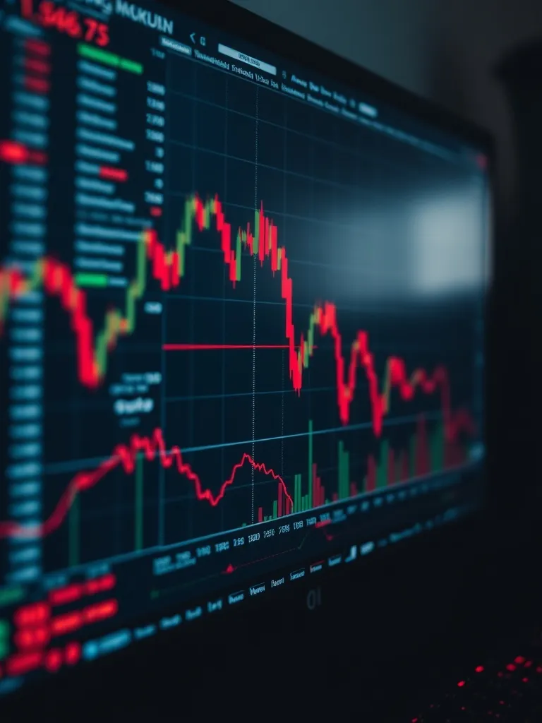 A blurry computer screen with complex stock charts and red l