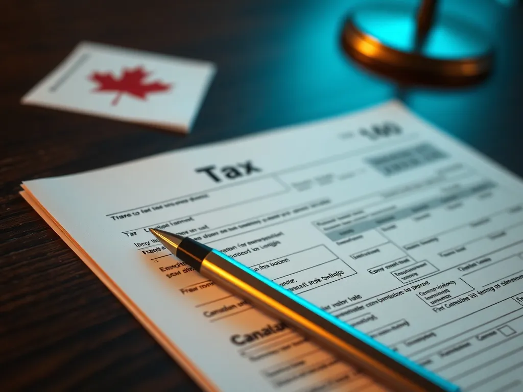 Close up of Canadian tax forms and a pen on a dark wooden ta