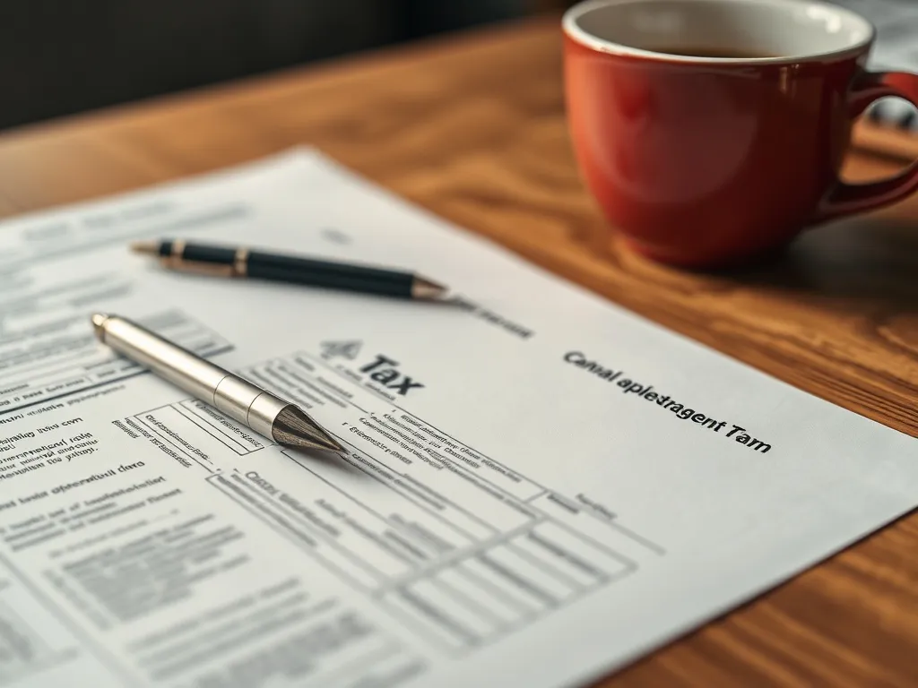 Close up of tax documents, a pen, and a cup of coffee on a w