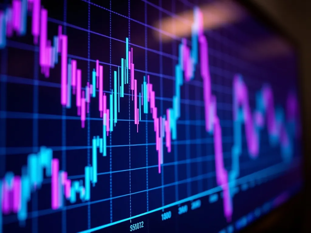 Close up of a financial chart on a screen with violet and cy