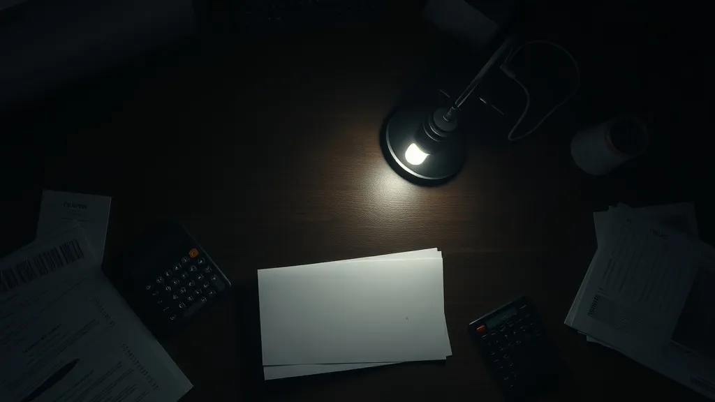 A dark, moody office desk with a calculator, scattered paper