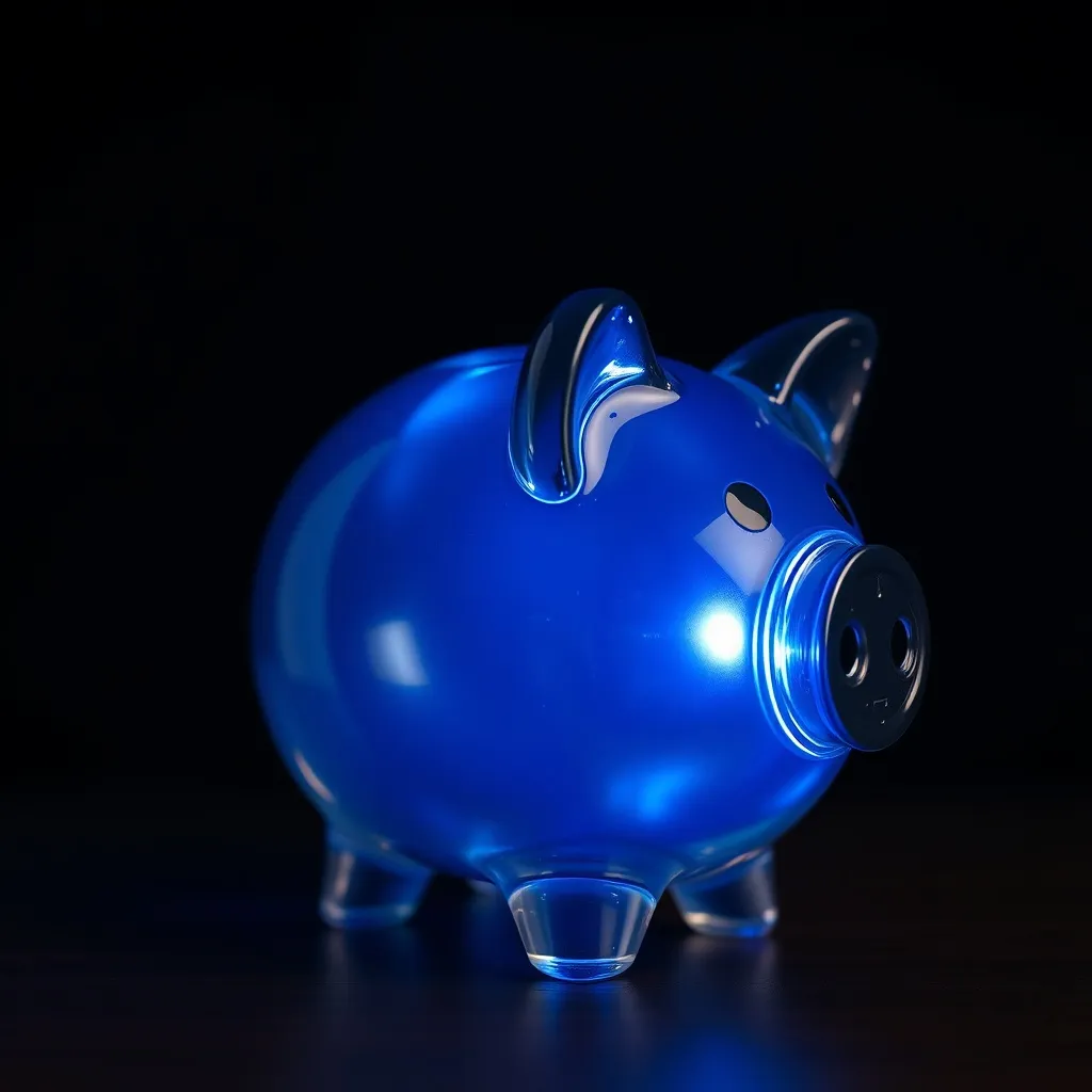 A close-up of a modern glass piggy bank with glowing blue li