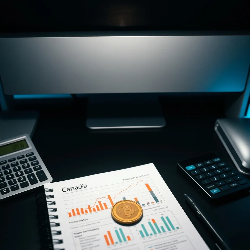 A modern clean home office desk with a calculator, a Canadia