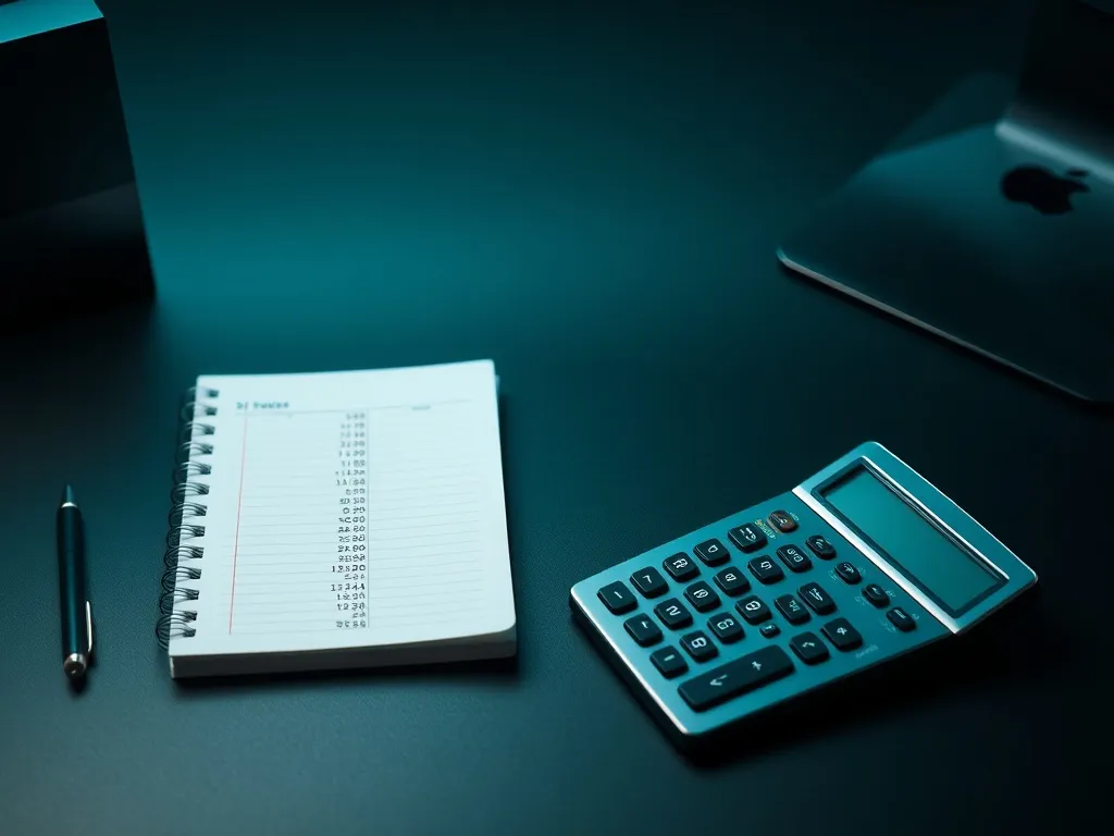 A minimalist dark office desk with a silver calculator and a