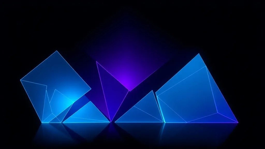 Abstract geometric shapes in cyan and violet glowing against