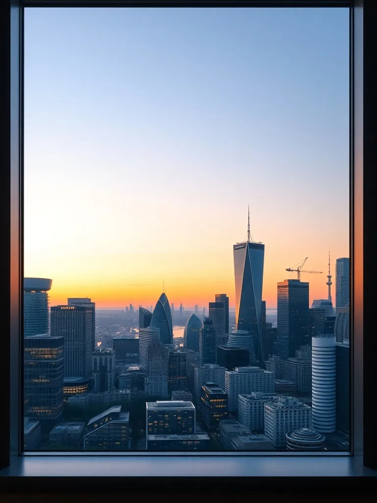 A modern office window view of a Canadian city skyline at du